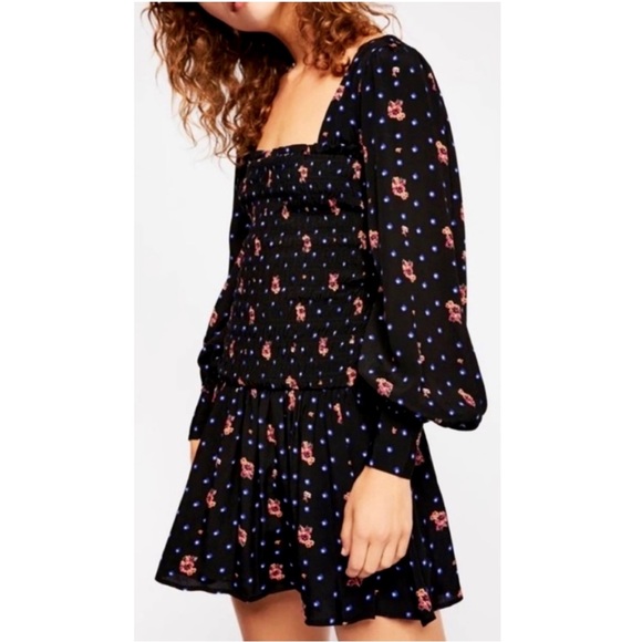 Free People Dresses & Skirts - Free People Smocked Floral Celestial Star Black Long Sleeve Skater Mini Dress